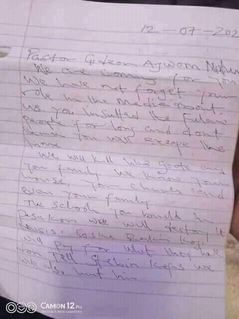 Pastor Gideon Mutum received threat letter
